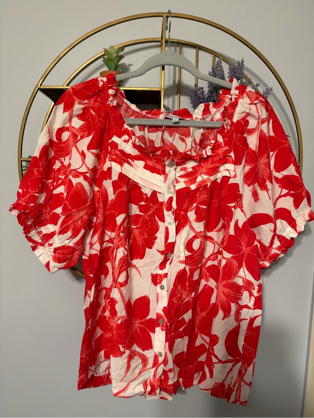 Rose & Olive Red Floral Button Front Peasant Blouse